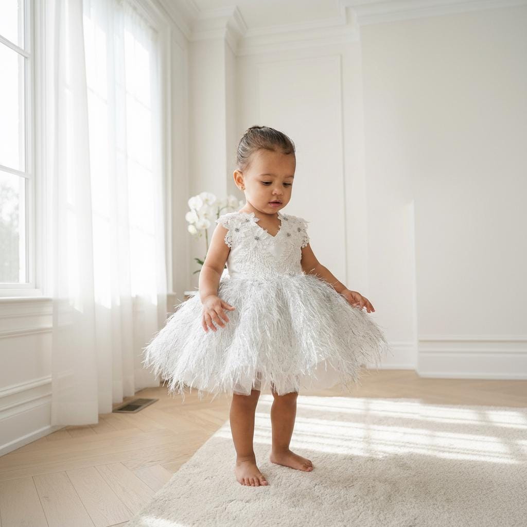 Baby girl in the Elena white first birthday dress with 3D flowers and a fringe skirt