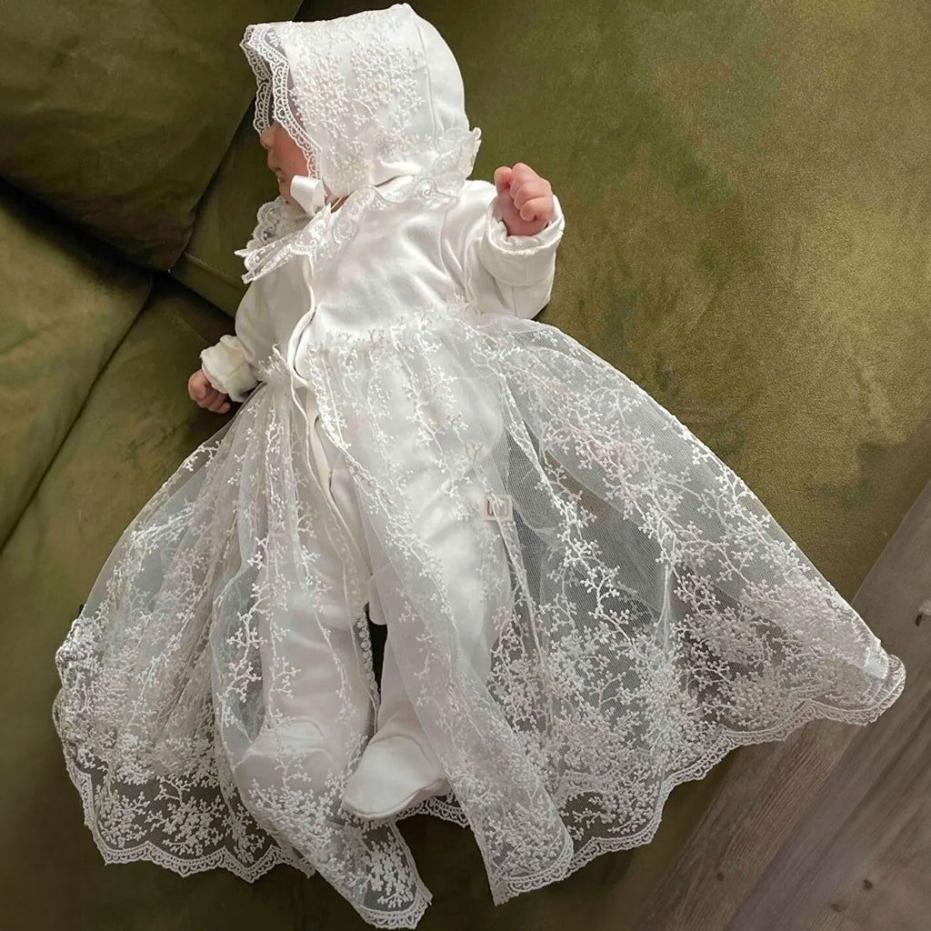christening gown dress GLORIANA Lace for Girls Scalloped Lace Baptism 18-24 months / Ivory this ivory gown is fully lined for comfort and suitable for all seasons Christening Gown Set for Baby