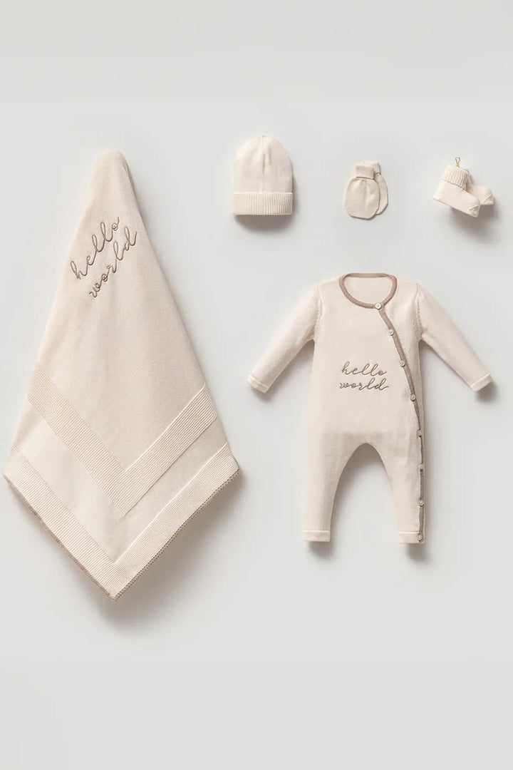 Hello World Cream Newborn Knitwear Coming Home Set (5 pcs)