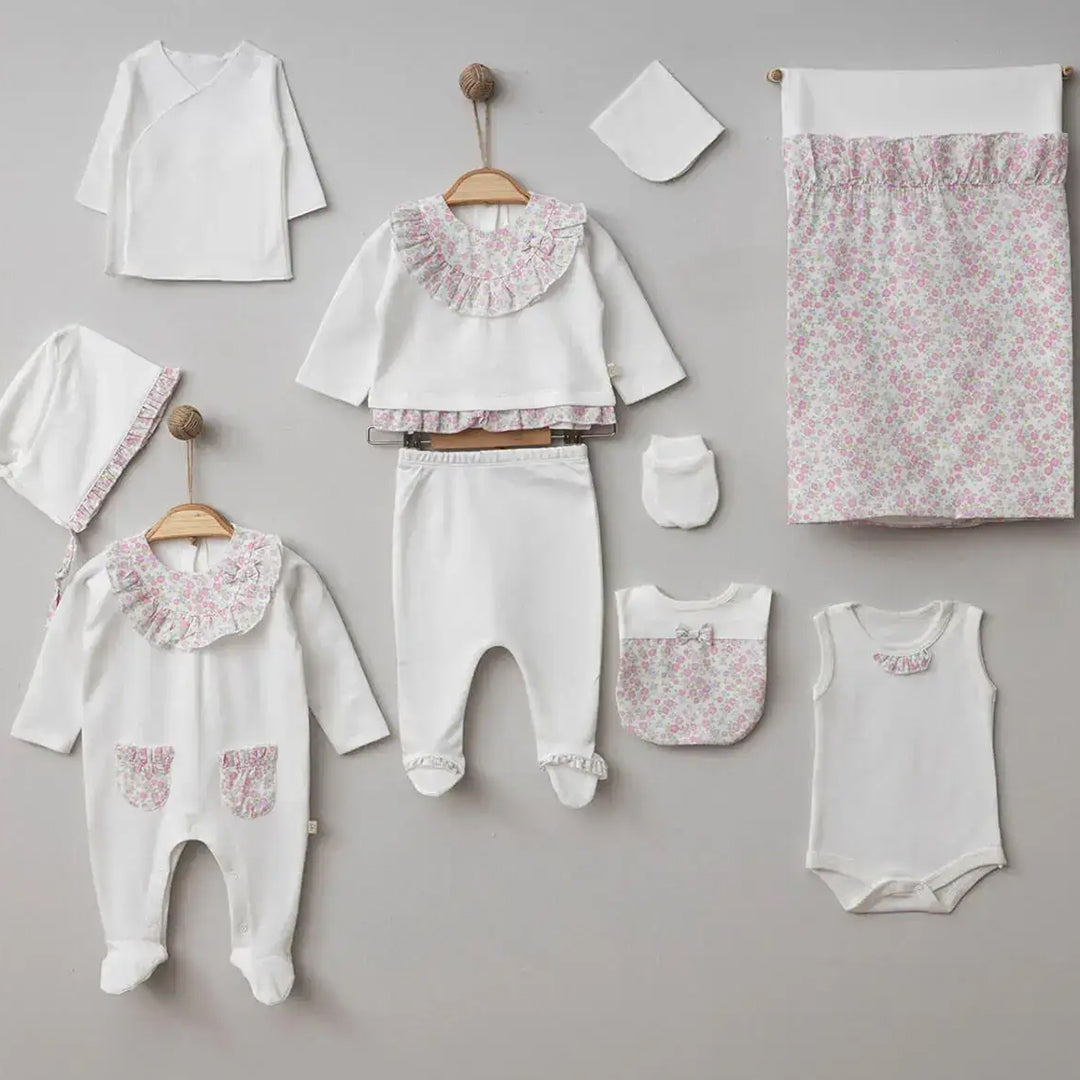 Kristen white and pink flower print newborn girl set, front view