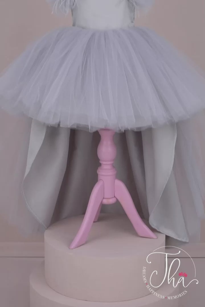 360° view of a gray sleeveless special design dress that has hi-low tulle skirt, V-design, tulle design from sleeves to the back, and feathers