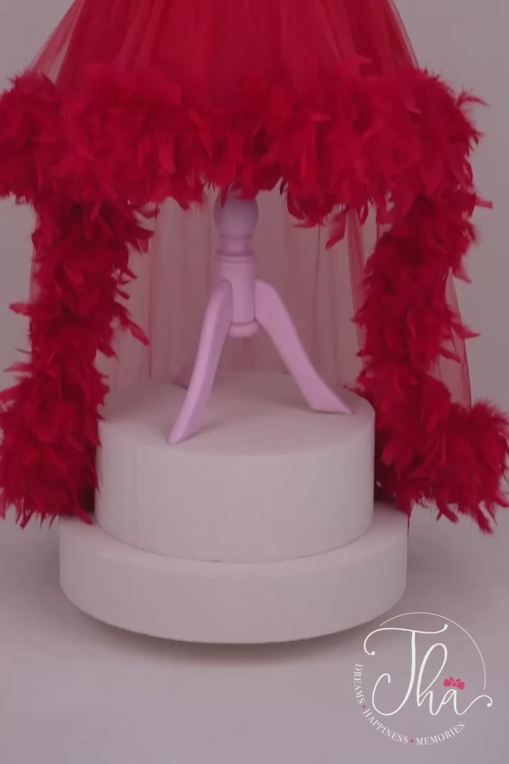 360° view of a red designer dress that has cap sleeves, feathers on shoulders and hems, hi-low skirt, V design, and red sequin top and bow