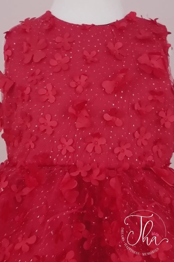 360° view of a red floral sleeveless Little Red Riding Hood dress that has 3D flowers and red puffy skirt
