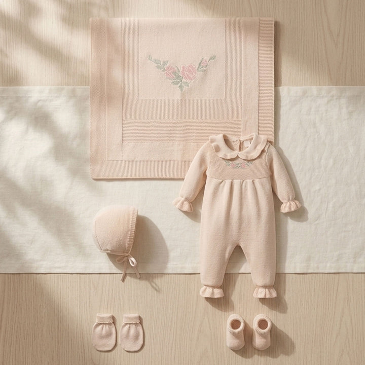 Alicia beige rose embroidered knit newborn girl set, front view