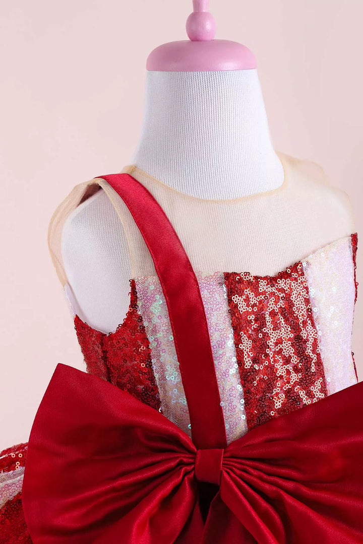 Close up view of a white and red Christmas dress. The dress has a lined red and white sequin top, a knee length red skirt, red ribbon. The skirt is made of layers of red tulle